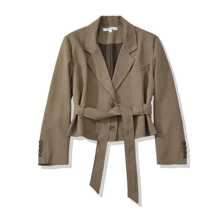 Damen Cropped Blazer mit Taillengürtel, Hahnentrittstruktur und Reverskragen Echo Archiv