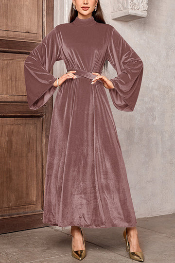 Damen Maxikleid aus Samt mit Stehkragen, weitem Glockenärmel und Taillengürtel – Valéora