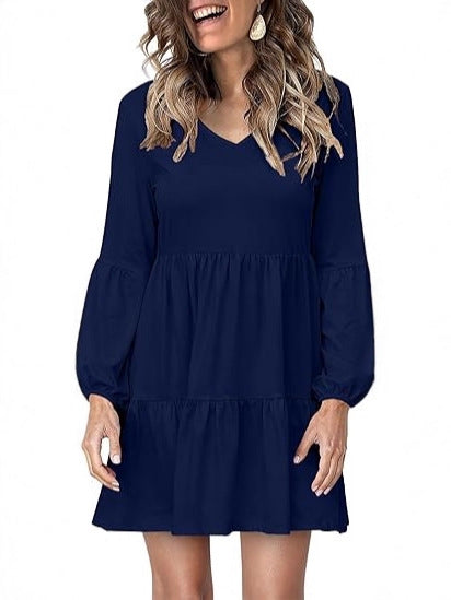 Damen Stufiges Mini-Kleid mit V-Ausschnitt und Ballonärmeln – Élara