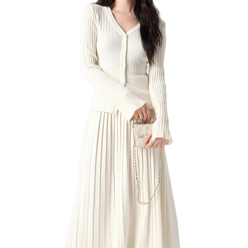 Damen Feines Strick-Set mit V-Ausschnitt Cardigan und plissiertem Maxirock Echoarchiv