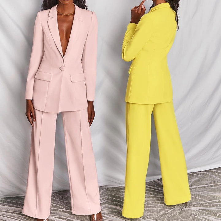 Damen nan eleganter Longline-Blazer mit tiefem V-Ausschnitt und weitem Palazzo-Hosenanzug Echo Archiv