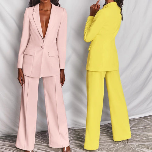 Damen nan eleganter Longline-Blazer mit tiefem V-Ausschnitt und weitem Palazzo-Hosenanzug Echo Archiv