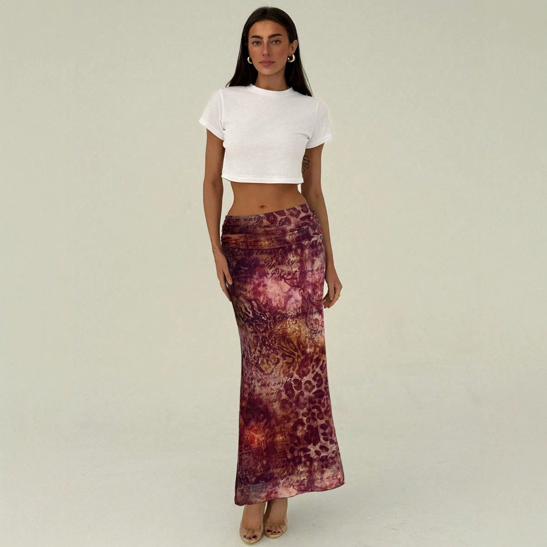 Damen schmaler Maxirock mit gerafftem Bund und Allover-Print – Valéora