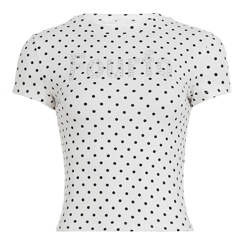Damen Trendiges Kurzarm-Top mit Pünktchenmuster und glitzerndem Schriftzug Echo Archiv