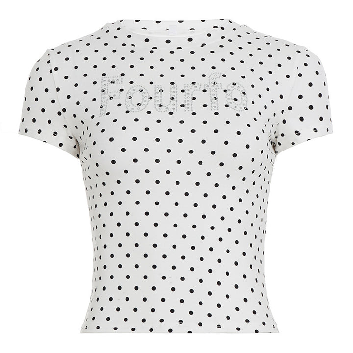 Damen Trendiges Kurzarm-Top mit Pünktchenmuster und glitzerndem Schriftzug Echo Archiv