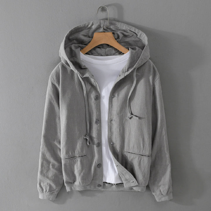 Herren Leichte Leinen-Hoodiejacke mit Knopfleiste und Kordelzug Echoarchiv