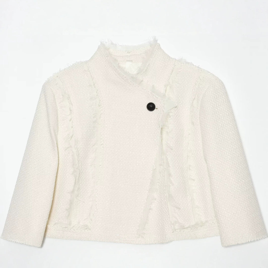 Damen Bouclé-Shortjacke mit Fransenbesatz und asymmetrischem Ein-Knopf-Verschluss Echo Archiv