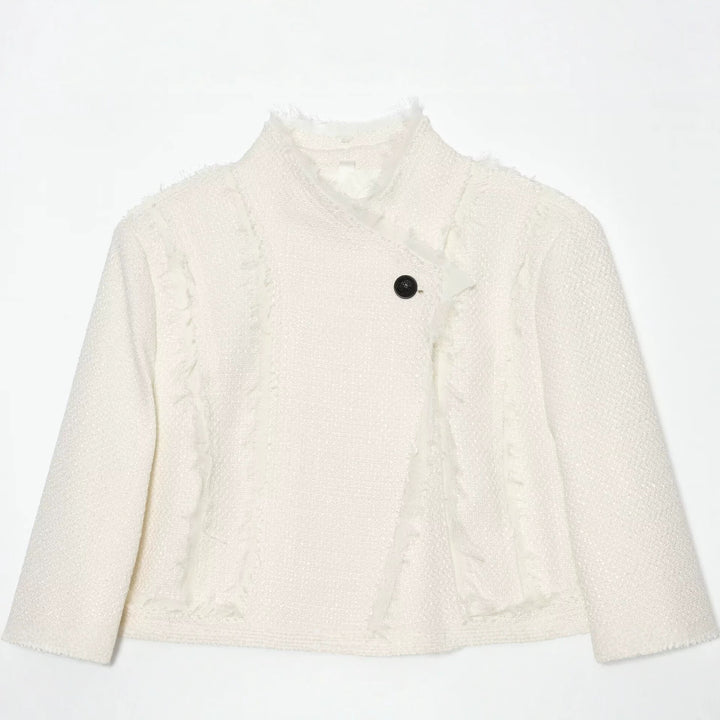Damen Bouclé-Shortjacke mit Fransenbesatz und asymmetrischem Ein-Knopf-Verschluss Echo Archiv
