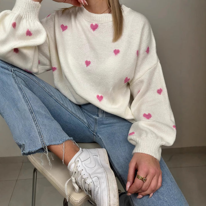 Damen nan oversized Strickpullover mit Herzintarsien und Ballonärmeln Echo Archiv