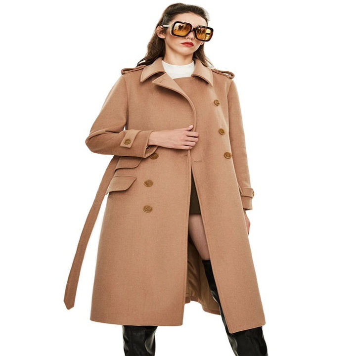 Damen taillierter A‑Linien Trenchcoat aus Woll‑Kaschmirmix mit Taillengürtel und Patten Echoarchiv
