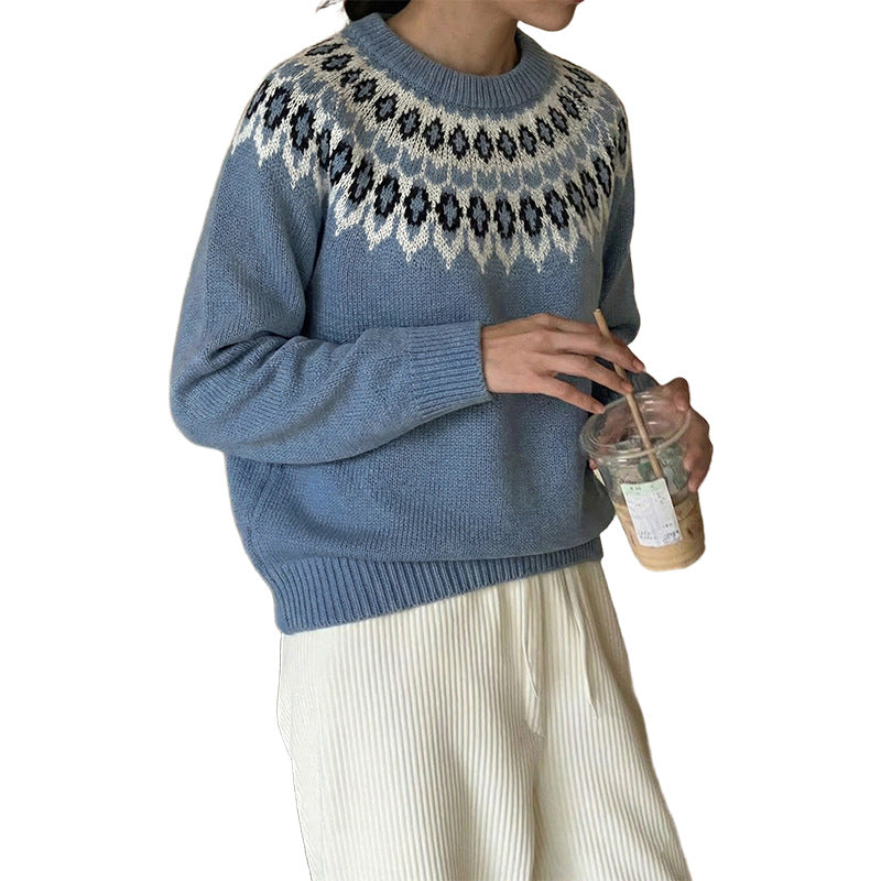 Damen Rundhals-Pullover mit Jacquard-Yoke und Relaxed-Fit Echoarchiv