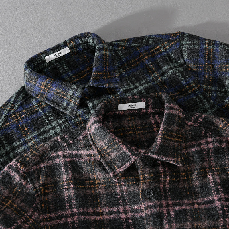 Herren Bouclé-Overshirt im Hemdjackenstil mit Kentkragen und Karomuster Echoarchiv