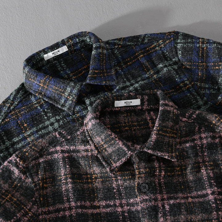 Herren Bouclé-Overshirt im Hemdjackenstil mit Kentkragen und Karomuster Echoarchiv