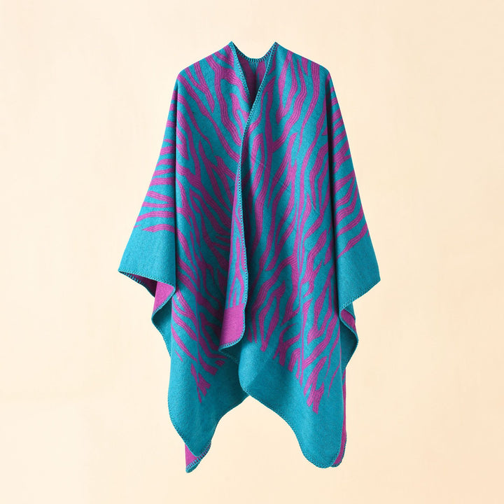 Damen Zebra‑Jacquard Poncho‑Cape im Oversize‑Kimono‑Fall aus weichem Feinstrick Echo Archiv