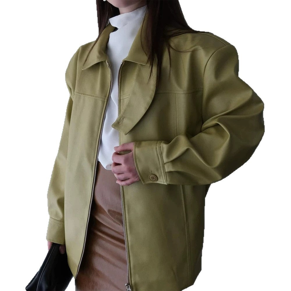 Damen Boxy-Kunstlederjacke mit hohem Stehkragen, Frontzip und Taillenschärpe Echoarchiv