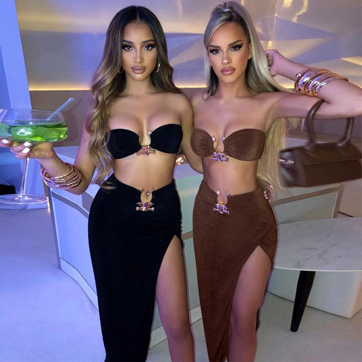 Damen Stylisches Bandeau-Top und Maxi-Rock Set mit hohem Schlitz und eleganten Details Echo Archiv