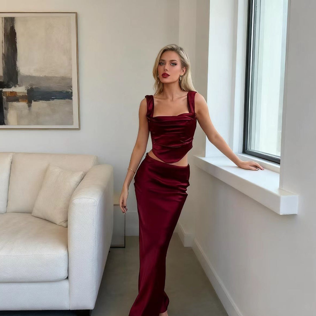 Damen Elegantes Satin Set mit tailliertem Oberteil und schwingendem Rock Echo Archiv