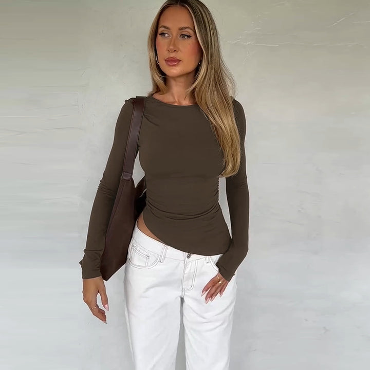 Damen asymmetrisches gerafftes bauchfreies Langarmshirt – Avérine