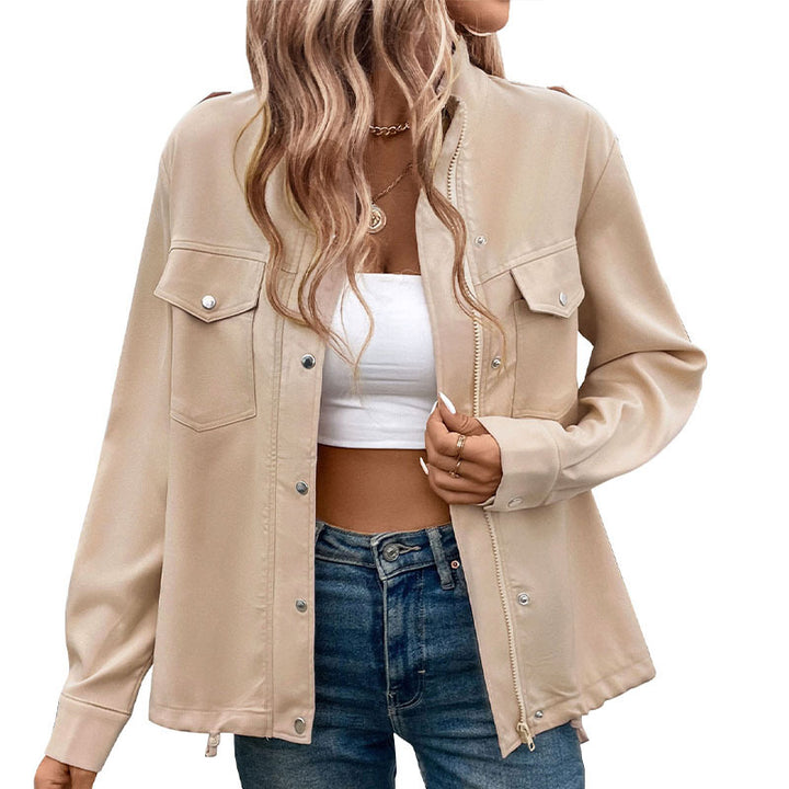 Damen Oversize-Hemdjacke Shacket mit Druckknopf‑Front, Brusttaschen und Zwei-Wege-Reißverschluss – Célinea
