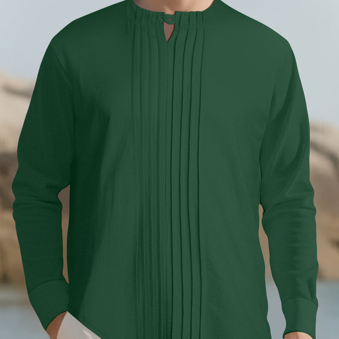 Herren Leichtes Langarmshirt im Leinenlook mit Stehkragen, Kellerfalten und Schlaufenverschluss Echoarchiv