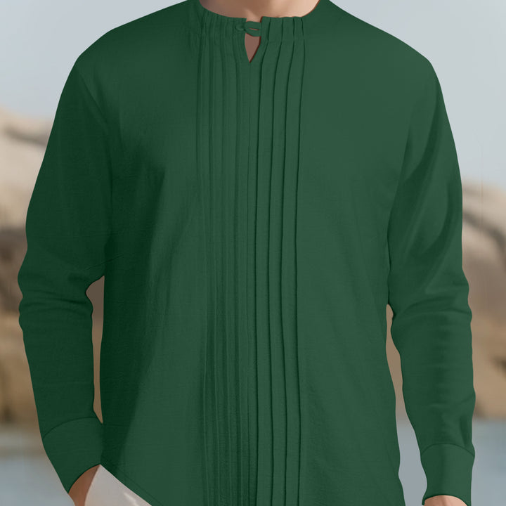 Herren Leichtes Langarmshirt im Leinenlook mit Stehkragen, Kellerfalten und Schlaufenverschluss Echoarchiv