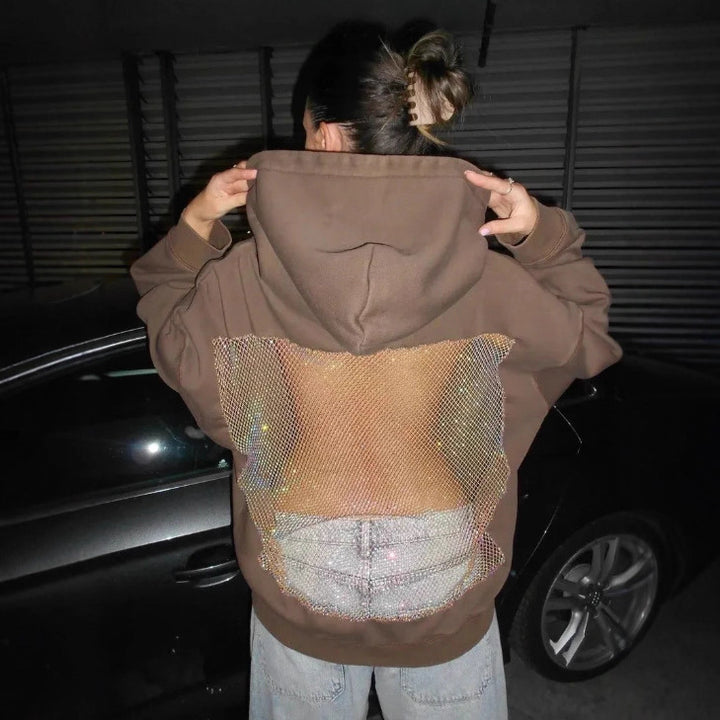 Damen Hoodie mit glitzerndem Mesh-Rückenapplikation – Auréline