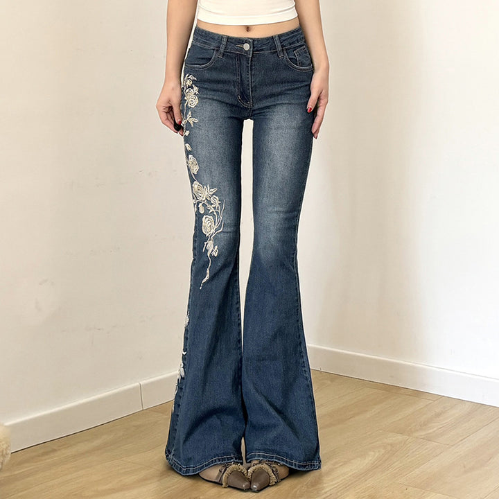 Damen Bestickte Schlagjeans mit hoher Taille und figurformender Passform Echo Archiv