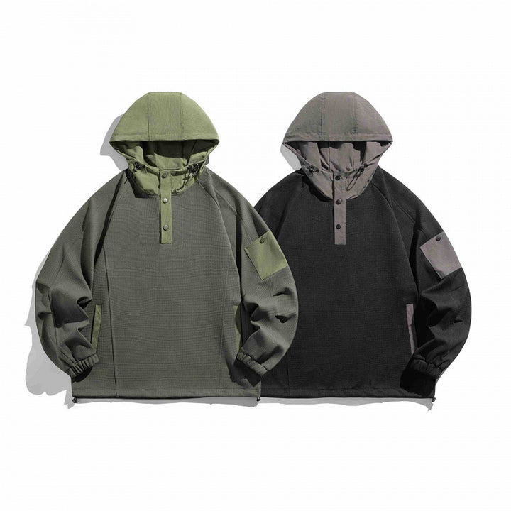 Unisex Technischer Kapuzenpullover im Oversize‑Cut mit Henley‑Knopfleiste, Patchtasche und tunnelzug Echo Archiv