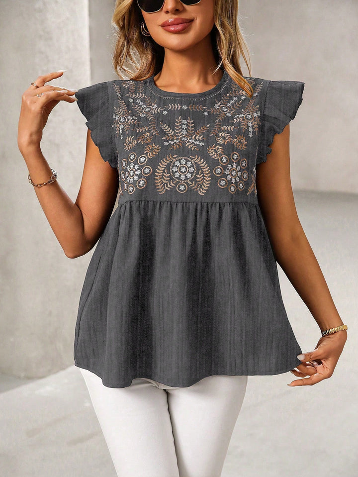 Damen Lockeres besticktes Babydoll-Top mit Rüschenärmeln Echo Archiv