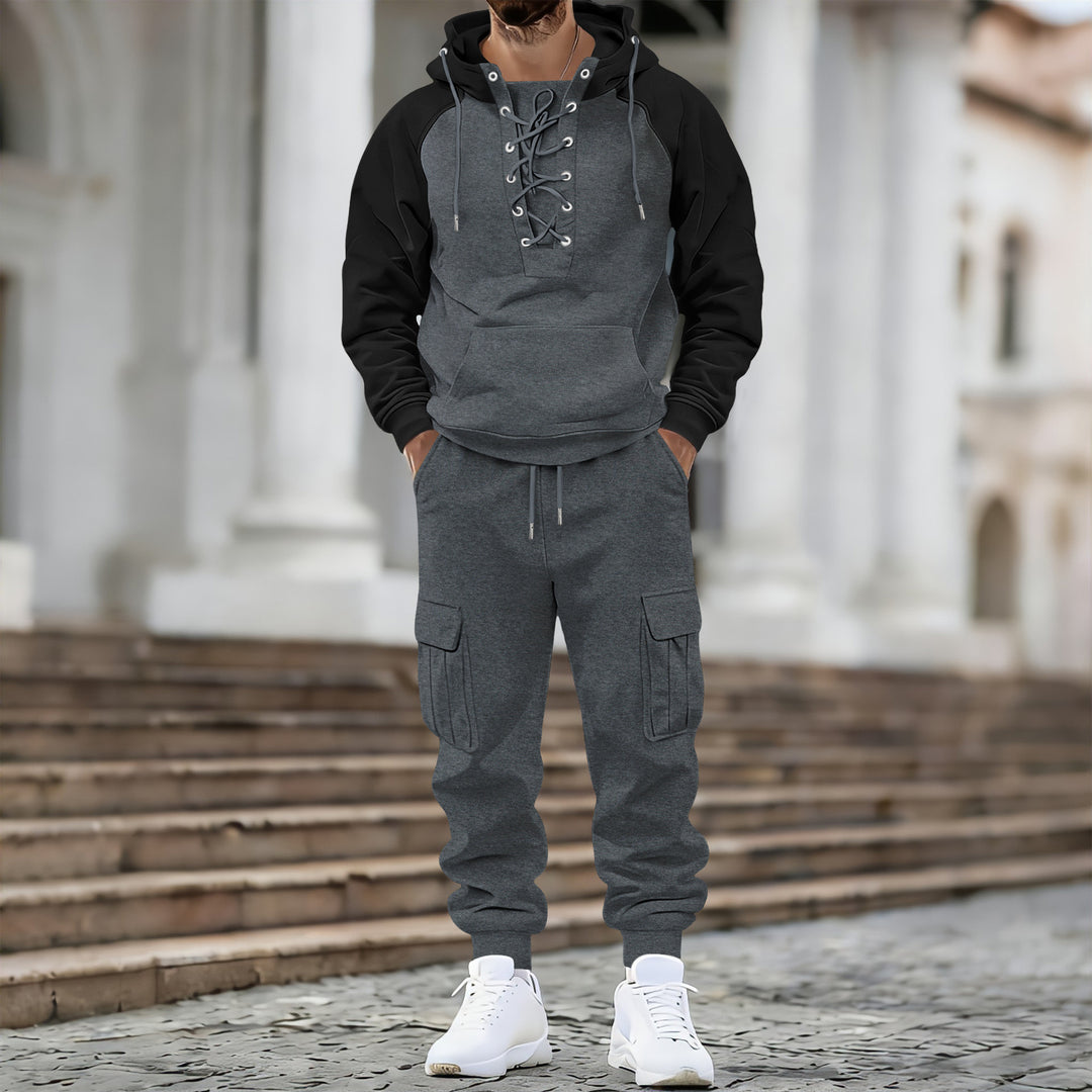 Herren Kapuzen-Sweatshirt mit vorn geschnürter Blende, Raglanärmeln und Kängurutasche – Cavarno