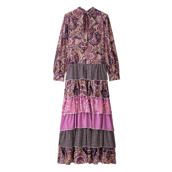 Damen nan gestuftes Maxikleid mit Paisley‑Patchwork, Schleifenkragen und langen Manschettenärmeln Echo Archiv