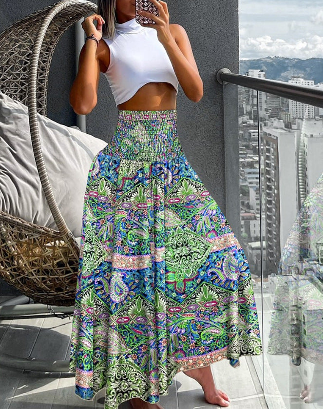 Damen Maxirock mit hohem Smockbund und weitem Boho-Print – Rosévia