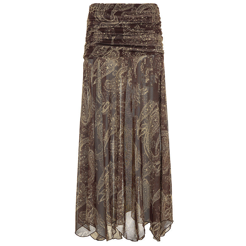 Damen Langer Chiffon-Rock mit gerafftem Bund, Paisley-Print und Zipfelsaum – Valéora