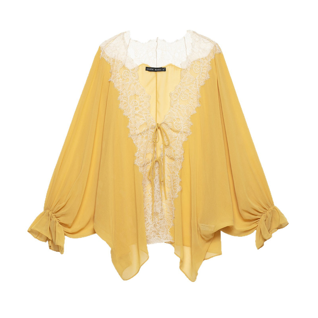 Damen Transparente Chiffon-Überwurfbluse mit Spitzenbesatz und Bindebändern Echoarchiv
