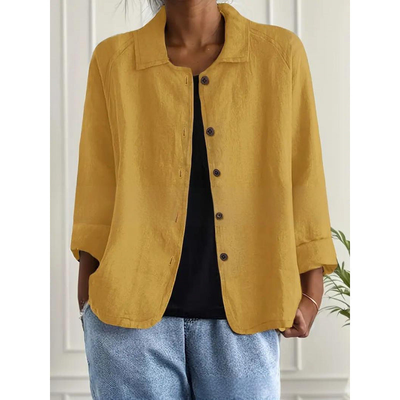 Damen Leichte Leinenoptik-Bluse mit lockerer Passform, 3/4-Ärmeln und Knopfleiste – Élovi