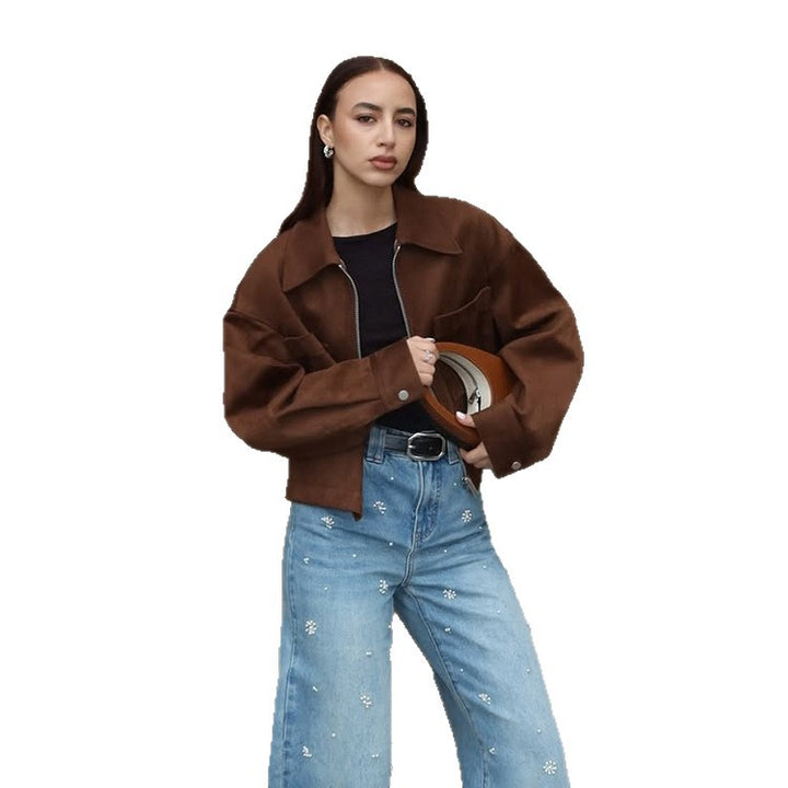 Damen Kurze Veloursleder‑Optik Jacke mit Reißverschluss und Oversize‑Ärmeln Echoarchiv