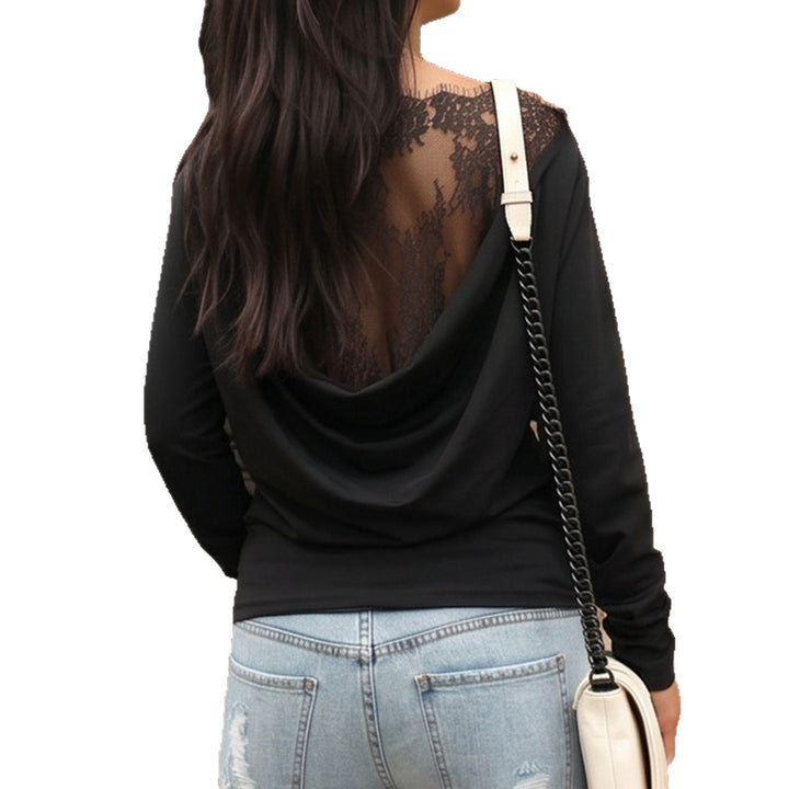 Damen Drapiertes Langarm-Top mit tiefem Wasserfall-Rücken und feinem Spitzen-Backpanel Echo Archiv
