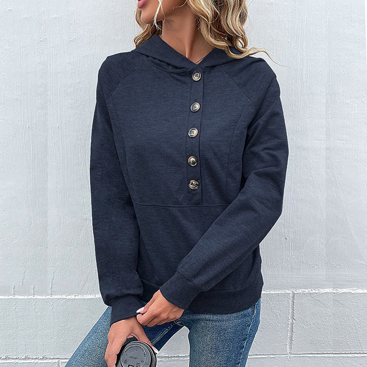 Damen Kapuzenpullover mit Zierknopfleiste, Raglanärmeln und Kängurutasche Echoarchiv