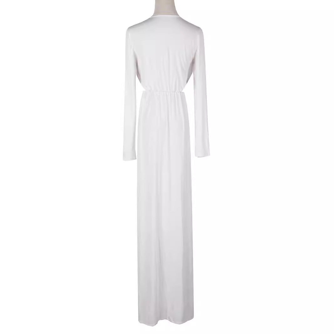 Damen Elegantes Jersey-Maxikleid im Wickelstil mit tiefem V‑Ausschnitt und tailliertem Gummibund Echoarchiv