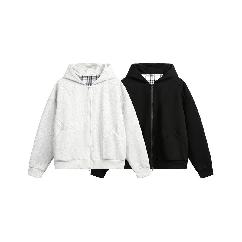 Unisex Kapuzen‑Sweatjacke mit Zweiwege‑Reißverschluss und kariertem Kapuzenfutter Echoarchiv