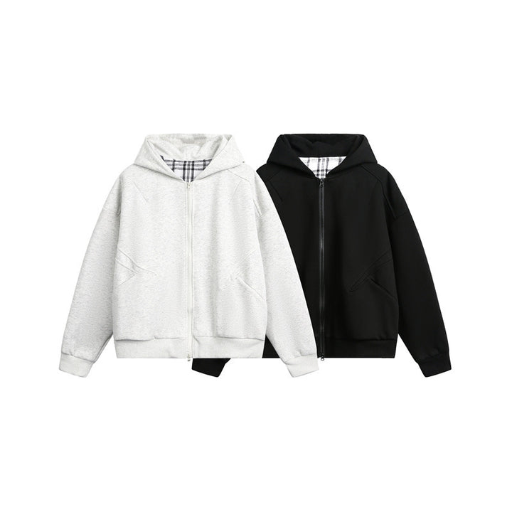 Unisex Kapuzen‑Sweatjacke mit Zweiwege‑Reißverschluss und kariertem Kapuzenfutter Echoarchiv