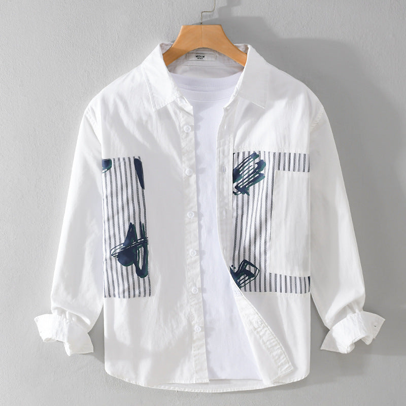 Herren Casual-Overshirt aus Baumwollpopeline mit gestreiften Patch-Einsätzen und Pinselprint Echoarchiv