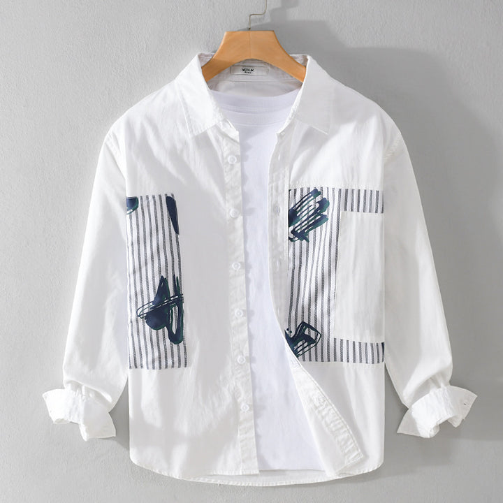 Herren Casual-Overshirt aus Baumwollpopeline mit gestreiften Patch-Einsätzen und Pinselprint Echoarchiv