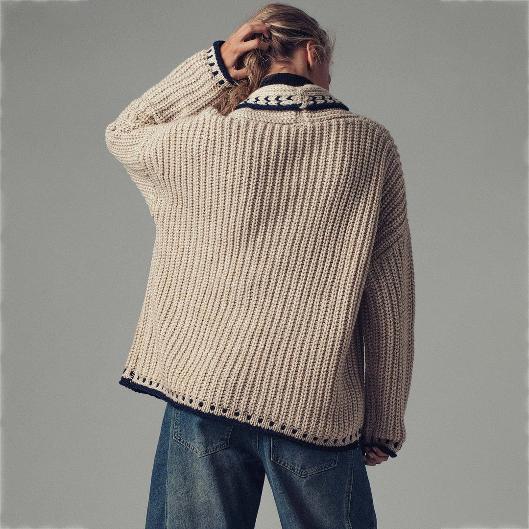 Damen Grobstrick-Cardigan mit Schalkragen, Zierstreifen & aufgesetzten Taschen – Veloura
