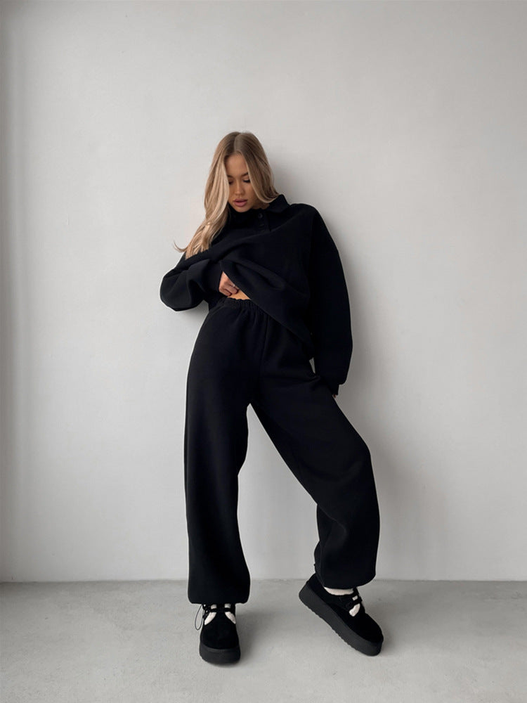 Damen Casual-Set aus schwerem French-Terry mit Polokragen-Cropped-Sweater und weitem High-Waist-Sweathose – Avérine