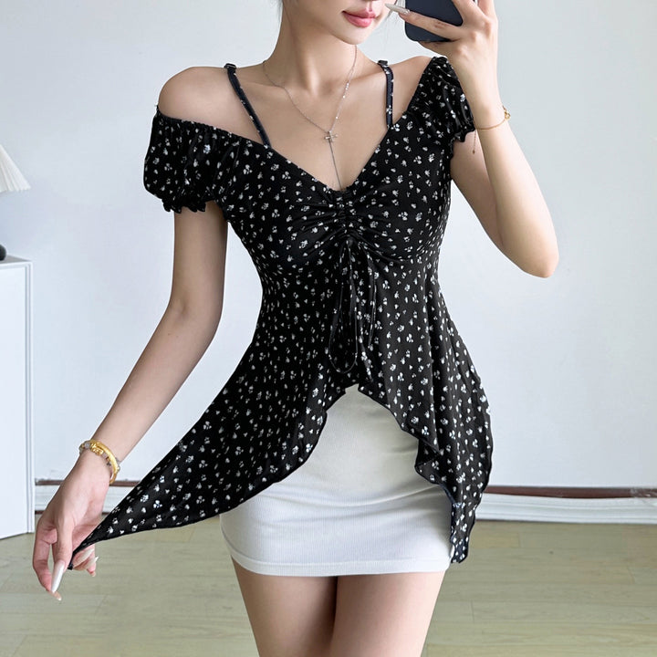 Damen Off-Shoulder-Oberteil mit süßem Blumenmuster und Raffung Echo Archiv