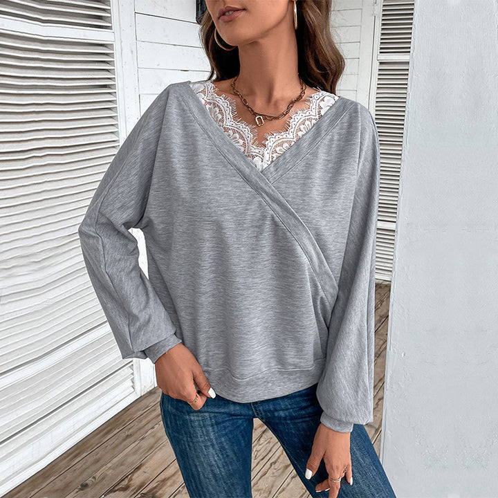 Damen Oversized Wickel-Longsleeve mit Spitzenblende und weitem Arm Echoarchiv