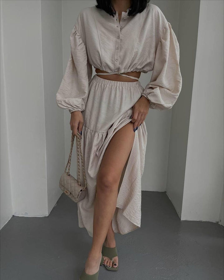 Damen Zweiteiliges Boho-Set mit Cropped-Bluse und Maxirock mit Schlitz Echoarchiv