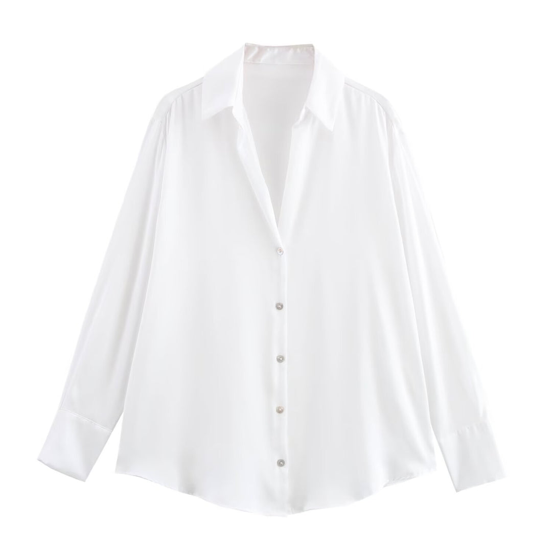 Damen Oversized Satinbluse mit Hemdkragen und breiten Manschetten Echo Archiv