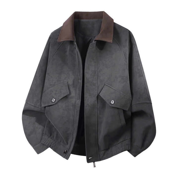 Herren Oversize Bomberjacke in Veloursleder-Optik mit kontrastierendem Kragen, Pattentaschen & elastischem Saum Echoarchiv